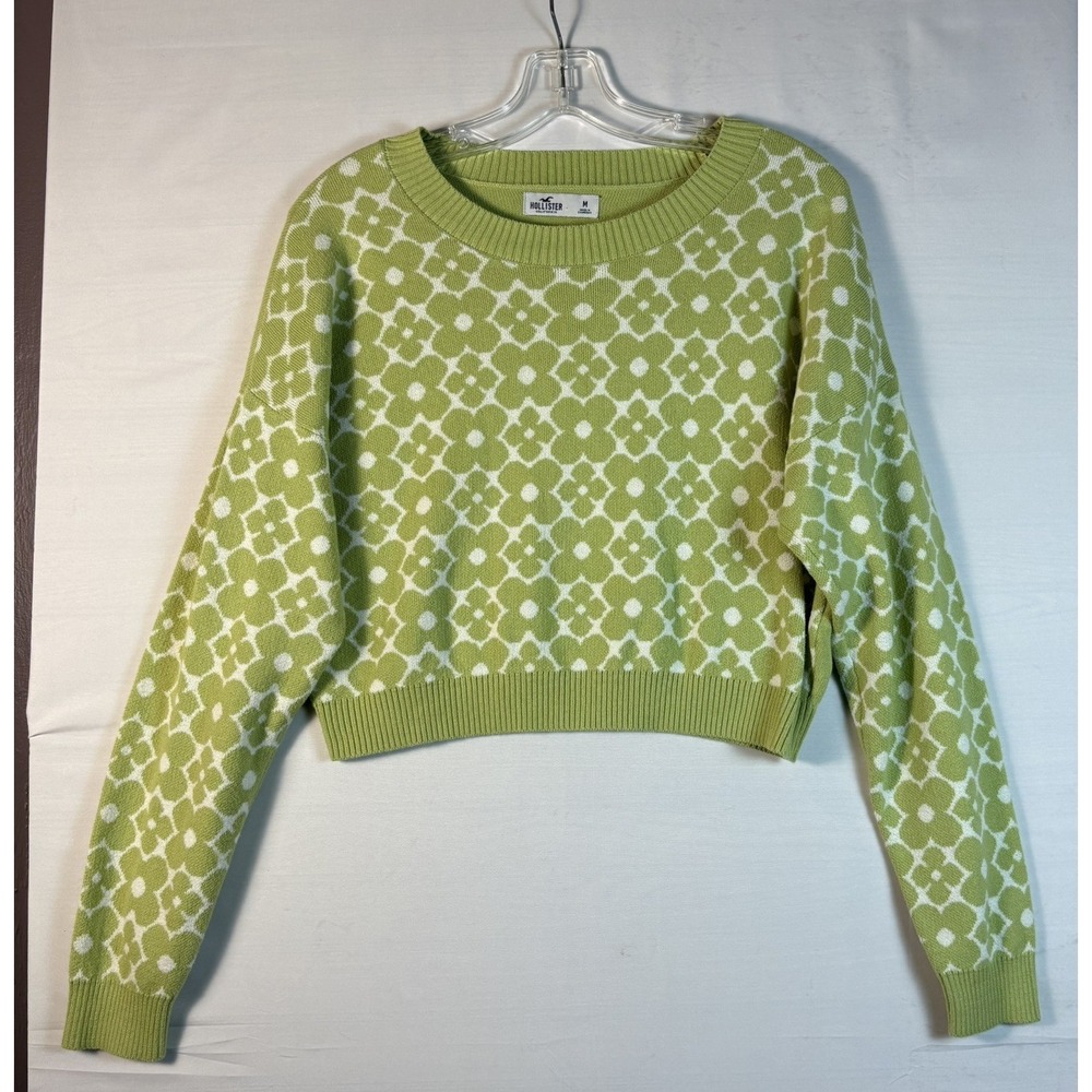Hollister Womens Sweater Green/white front floral Cropped Long Sleeve Medium